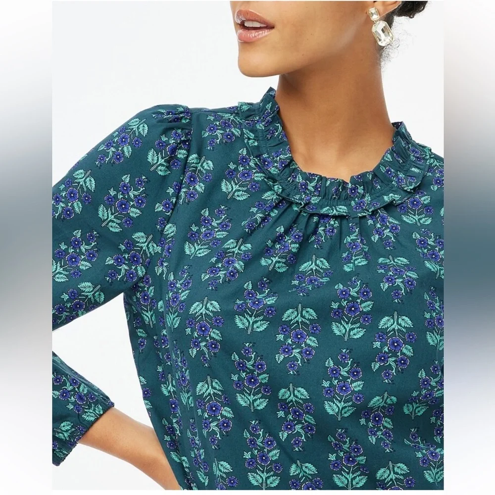 J. Crew Blue Ruffled Long Sleeve Blouse poplin floral